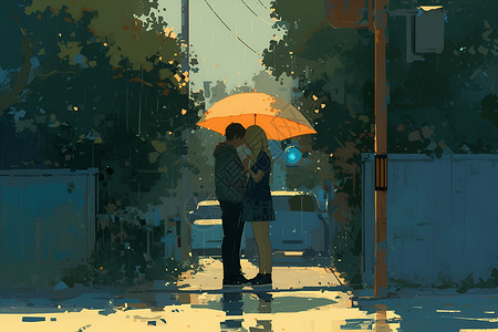 情侣下雨雨伞下的恋人插画