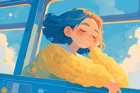 趴着小孩在公交上睡觉的少女插画