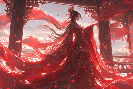 古代红衣女子盛装红裙女子插画