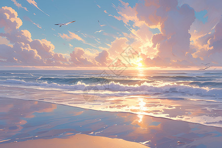 海洋上的日出温柔晨光背景图片