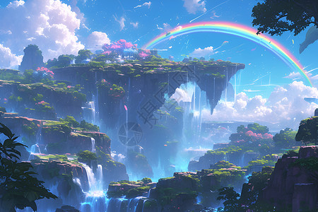 奇幻瀑布与绚丽彩虹高清图片