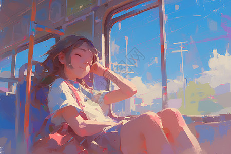 小睡小女孩在公交车上躺着插画