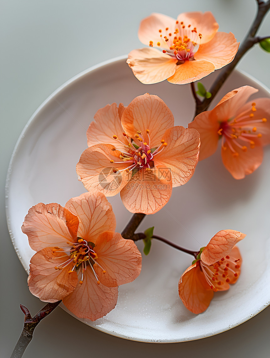 白瓷盘上的桃花图片