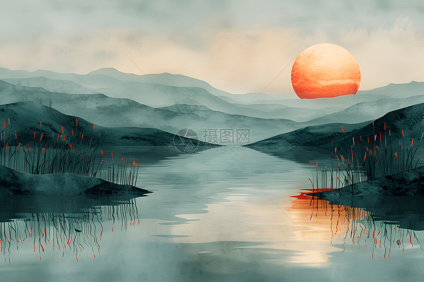 夕阳下的山水艺术画图片