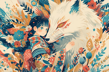 花卉中的狐狸和女孩背景图片