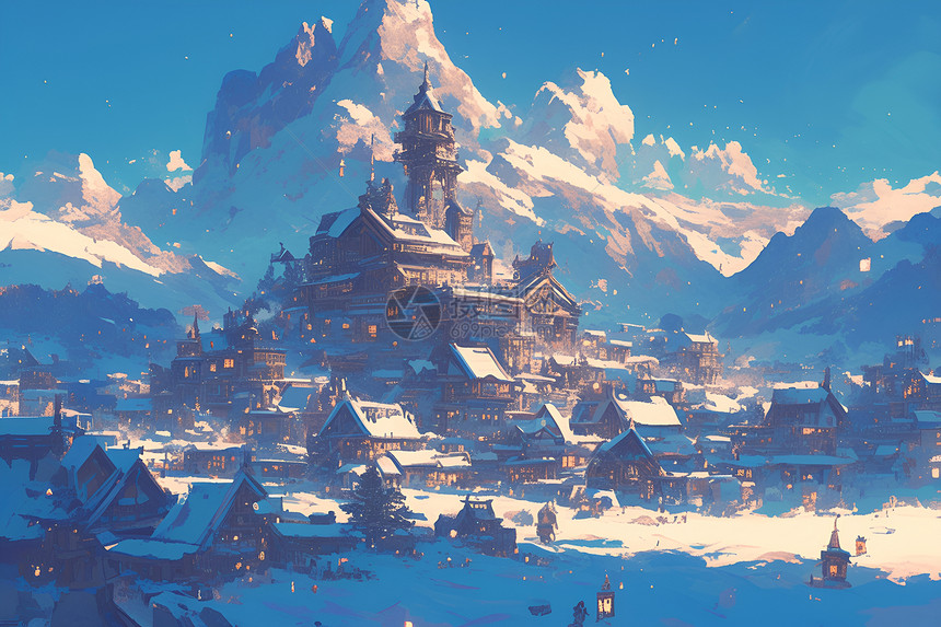 雪山中的村庄图片