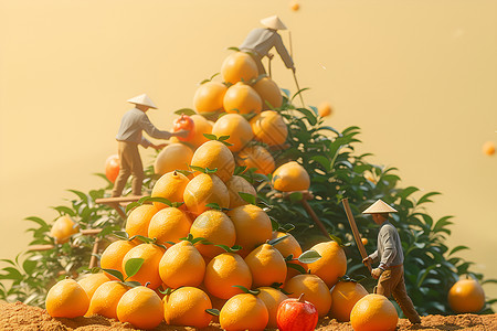 手捧水果的农民夫妇橘子堆中的人物模型设计图片