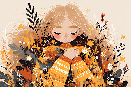 秋风少女围绕着秋叶背景图片