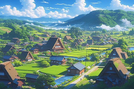 山水相依的村庄背景图片