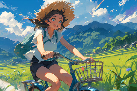 戴草帽少女少女骑自行车插画