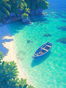 海岛屿碧蓝海面上的小舟插画