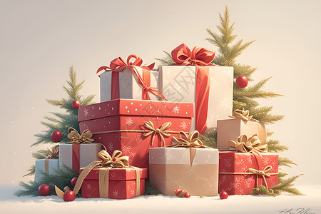 红色盒子浪漫圣诞礼物插画