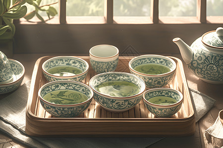 精美茶壶绿茶和精美的茶具插画