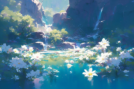 河畔绽放的花朵背景图片