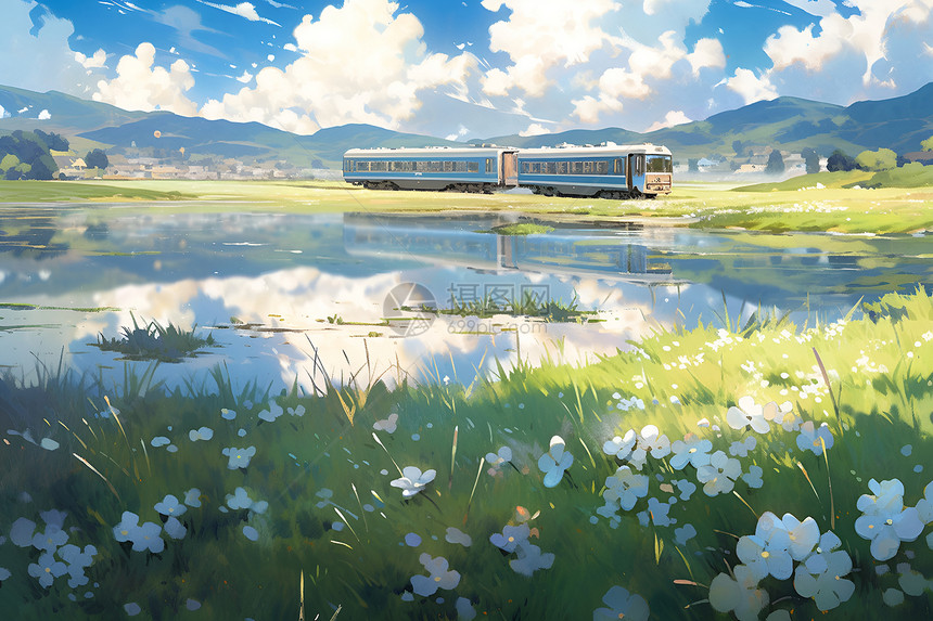 春日草地上的列车图片