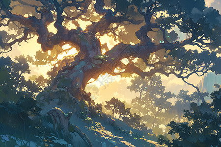 树影阑珊朝阳照耀下的扶桑树插画