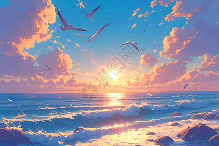 旭日初升的海岸线背景图片