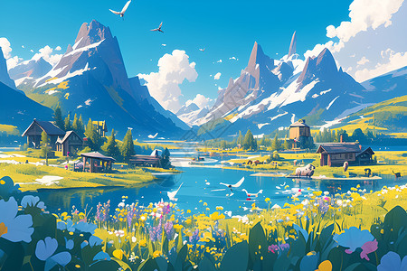 花草绚烂的湖边村落背景图片