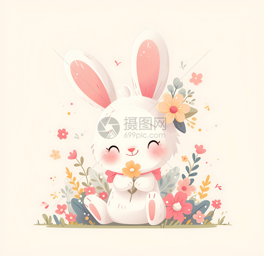 花丛中的可爱兔子图片