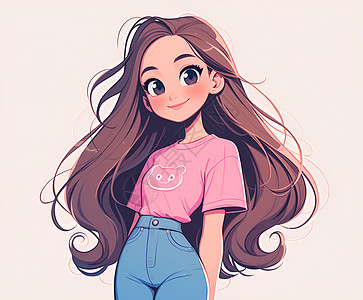 短袖女孩穿着粉色T恤的女孩插画