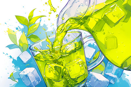 冰饮品玻璃杯里的冰绿茶插画