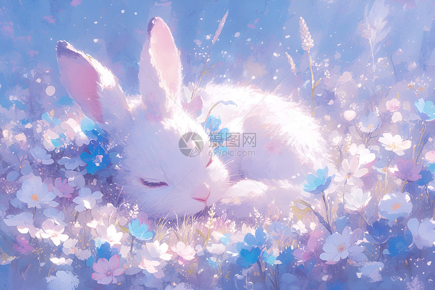 白兔沉睡花海中图片