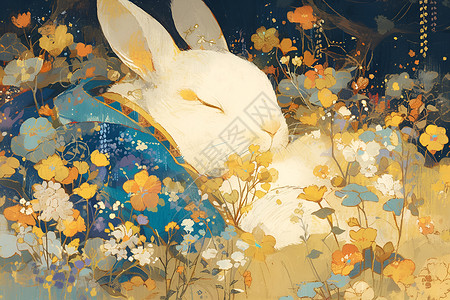 梦幻兔子与花海背景图片