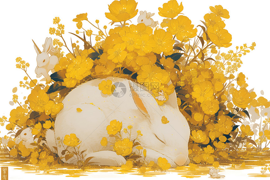 黄色花丛中的兔子图片
