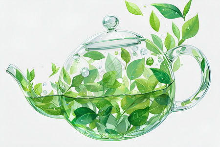 胚芽叶绿茶叶在玻璃茶壶中盘旋插画