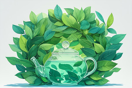 茶叶饮品草叶间的玻璃壶插画