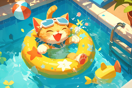 比利时泳池夏日的欢乐猫咪插画