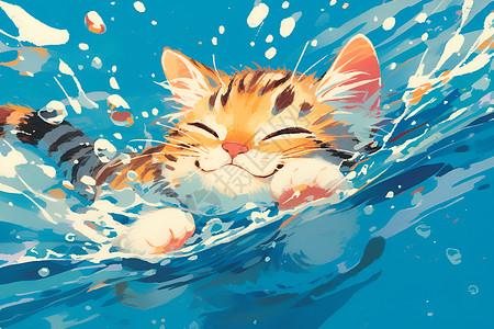 比利时泳池猫咪愉快游泳插画