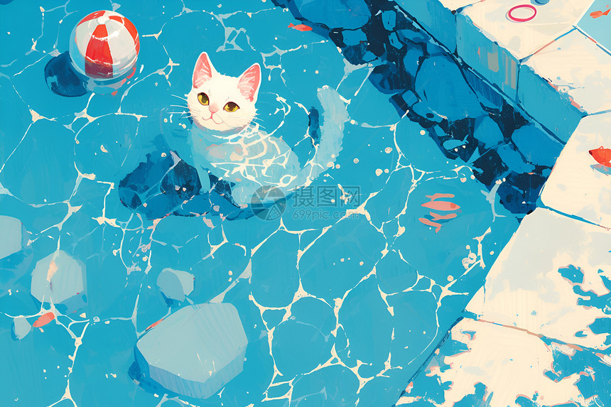 猫咪在泳池中玩乐图片