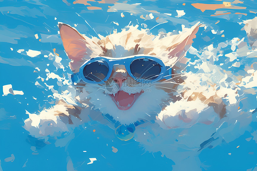 猫在清澈的泳池中图片