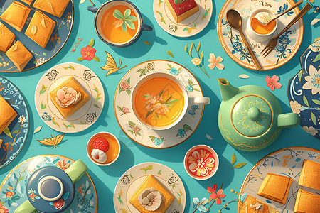 露天茶会茶会上的茶点和茶水插画