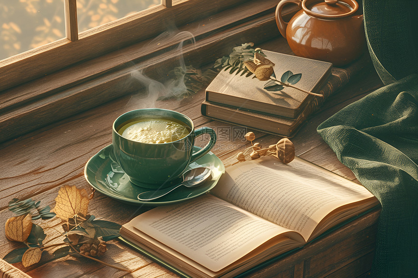 窗前的咖啡和书籍图片