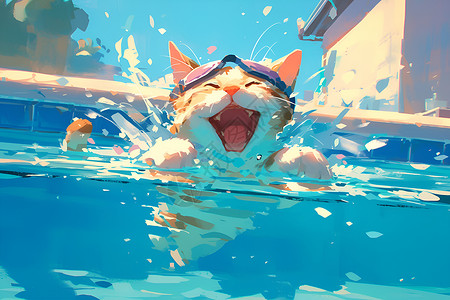 夏日清凉猫咪嬉水背景图片