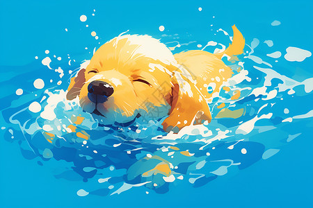 宠物游泳水中玩乐的小狗插画