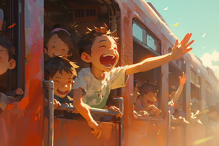 手伸出一群孩子在火车上插画