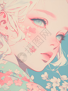 粉红樱花下的少女背景图片