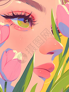 粉色花卉中的少女背景图片