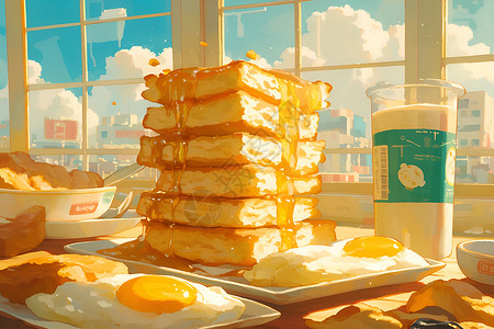 早餐三明治鸡蛋和面条插画