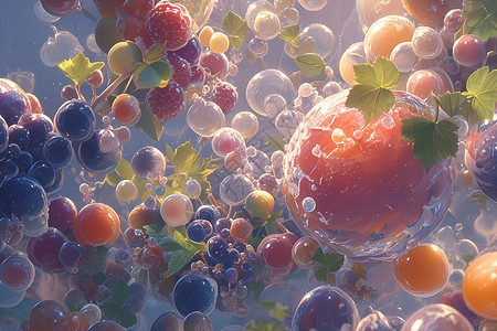 薄膜素材悬浮的水果仙境插画