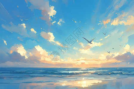 翱翔海鸥优美的海景插画