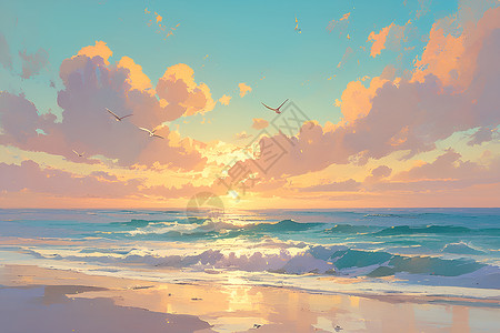 翱翔海鸥海上的日出插画