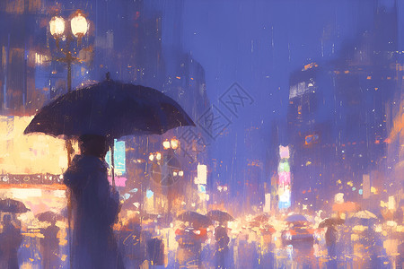 雨夜城市雨夜独行者插画