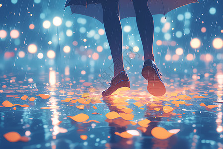 绒皮鞋雨中的脚步插画