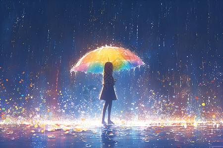 下雨夜晚彩色伞下独行的身影插画