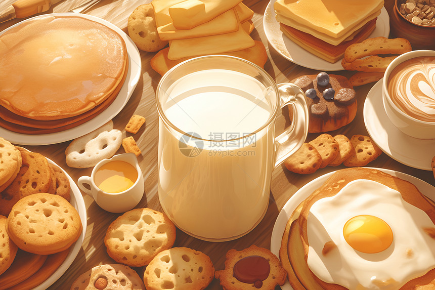 美味丰盛的早餐-牛奶饼干和松软的图片