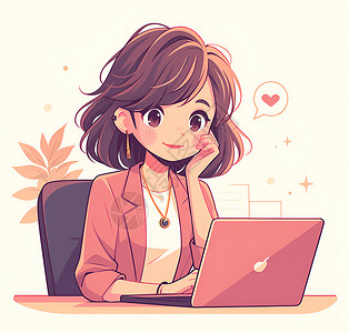 职员形象电脑屏幕前的女性职员插画